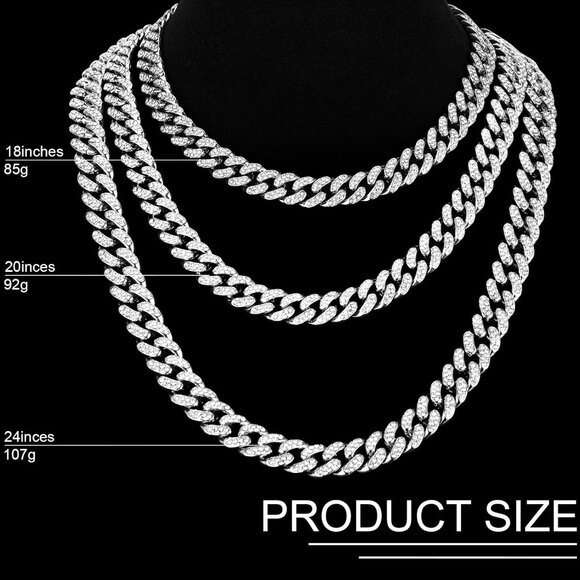 Cuban Link Chain Necklace Bracelet Set, Rhinestone Earrings, Bling Jewel… - Picture 2 of 6
